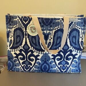 Spartina 449 Navy and White Ikat-Style Tote with Tan Straps